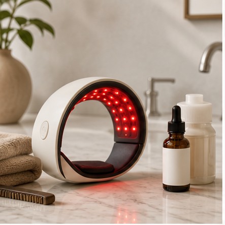 Non-branded hair-care device and routine products in a bathroom planning scene